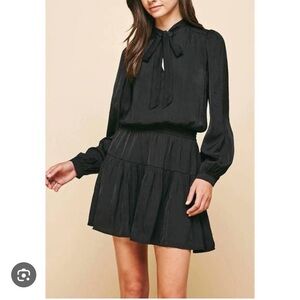 Pinch Long Sleeve Smocked Waist Dress with Front Tie - Satin-Like Fabric